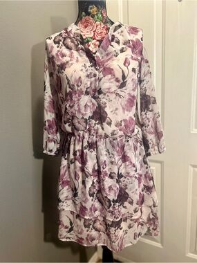 Mohito Collection Floral Tiered Mini Dress Purple Lilac Watercolor Size 36 S